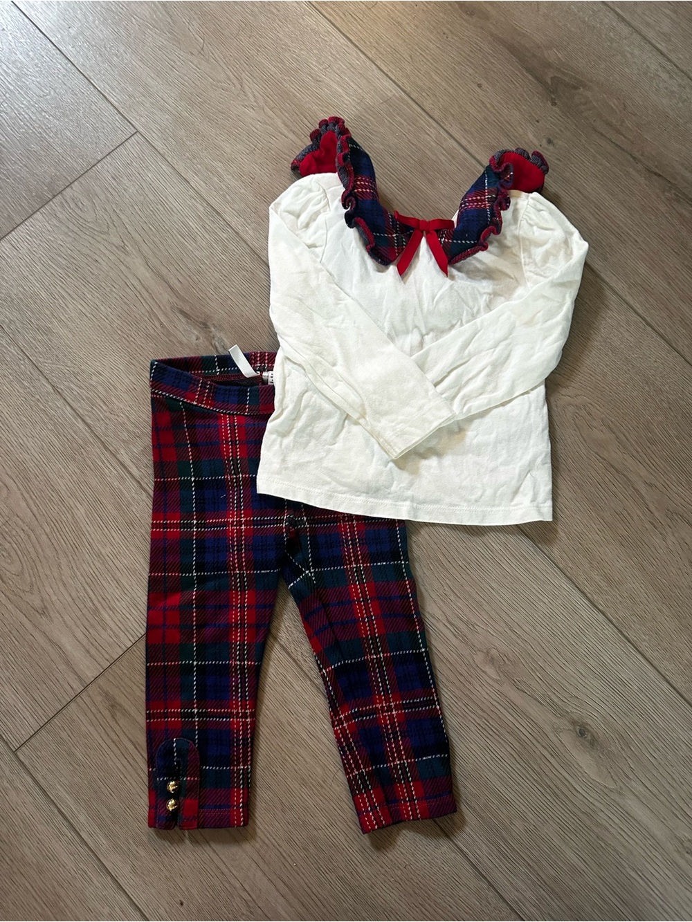 Janie and Jack Cream Top with Red and Navy Plaid Leggings